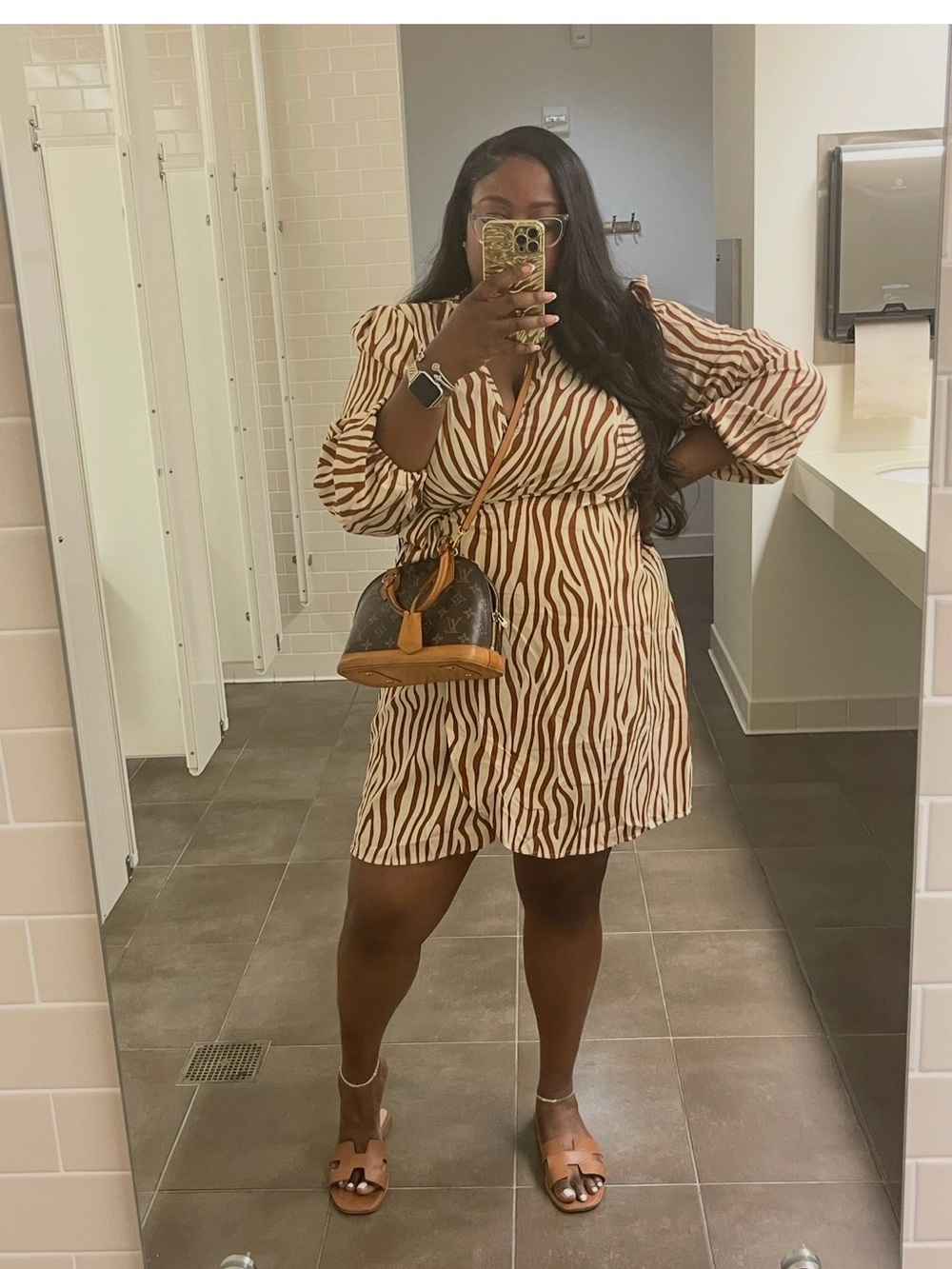 Zebra-Print Wrap Mini Dress in Brown & Cream